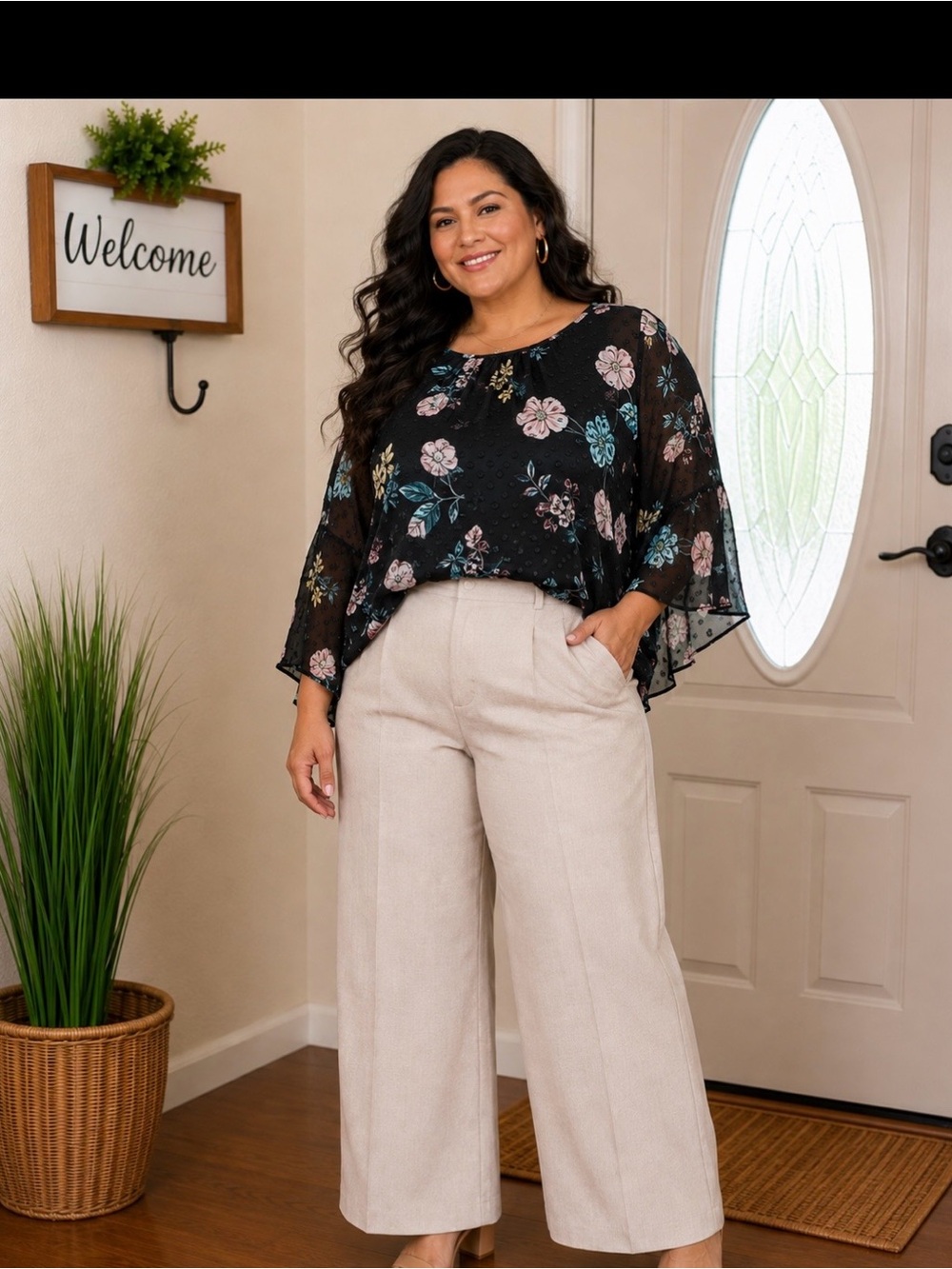 Roz & Ali Black Floral Sheer Plus-Size Blouse